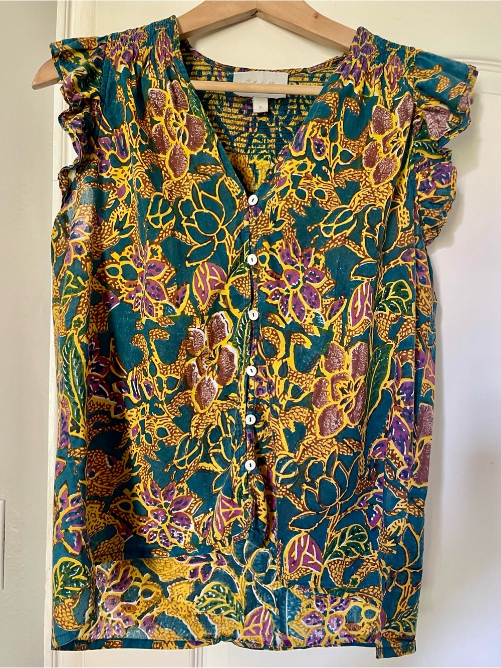 Cleobella Teal Floral Button-Front Ruffle Sleeve Top